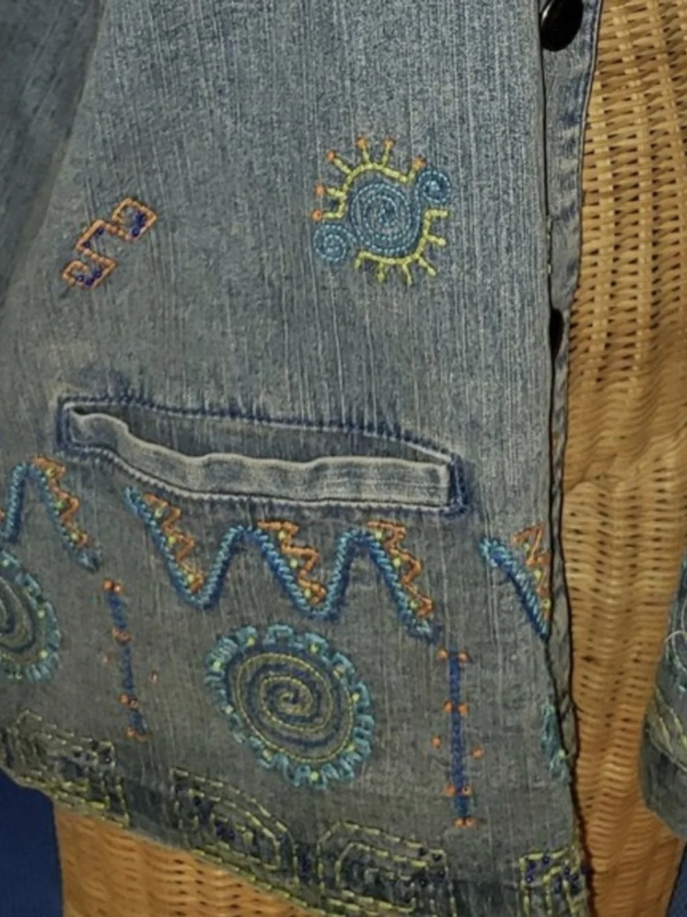 90s Hearts Of Palm Embroidered Beaded Blue Brushed Denim Jean Jacket Women's 18 - Picture 4 of 12